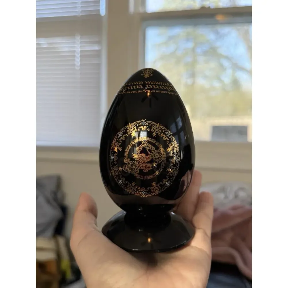 Two RUSSIAN Ruslan Ludmila BLACK PORCELAIN EGG Palekh Fairy Tale Story 4”